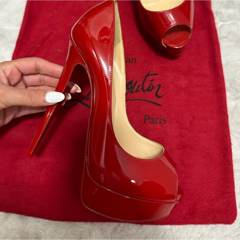 Christian Louboutin Glossy Red Peep-Toe Heels - Picture 4 of 7